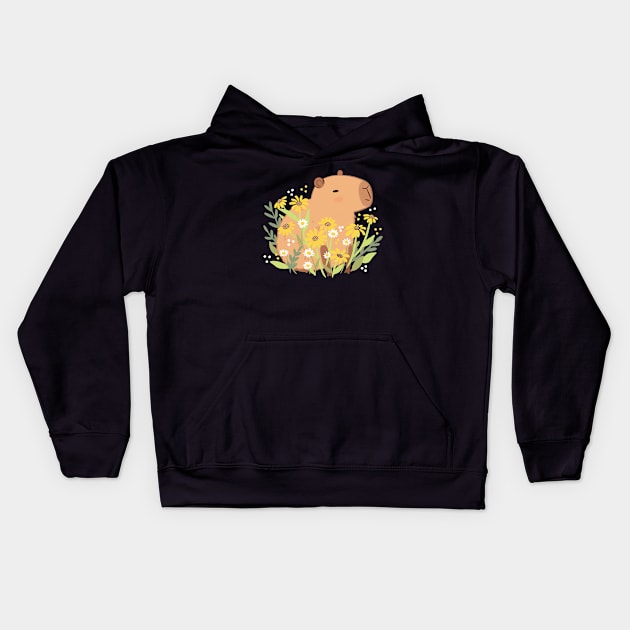 Cute capybara with daisy flowers Kids Hoodie by Yarafantasyart